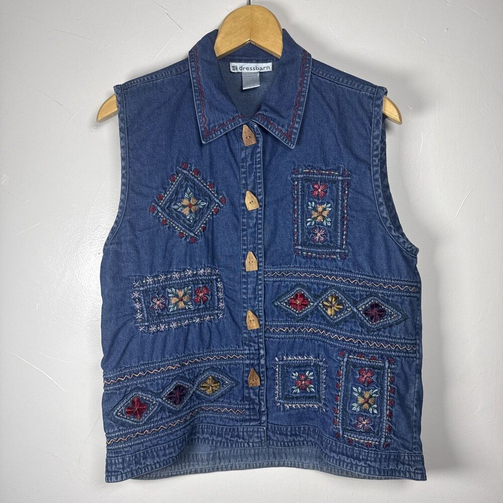 Jean Vest with Floral Embroidery Wooden House Buttons Size Large Grandma Cottage